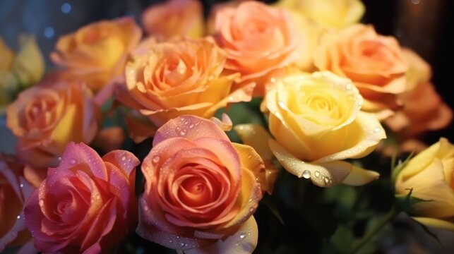 Bouquet of yellow and orange roses with water droplets. Mother's day concept with a space for a text. Valentine day concept with a copy space.