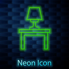 Glowing neon line Table lamp on table icon isolated on brick wall background. Vector