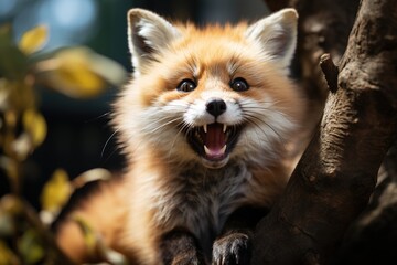 Obraz premium Young fox with open mouth and sharp teeth in the forest
