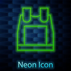Glowing neon line Bulletproof vest for protection from bullets icon isolated on brick wall background. Body armor sign. Military clothing. Vector
