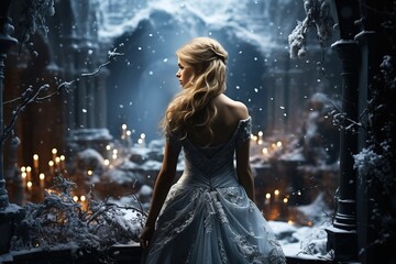 Fantasy. A young attractive girl at the entrance to a mysterious palace in winter - obrazy, fototapety, plakaty