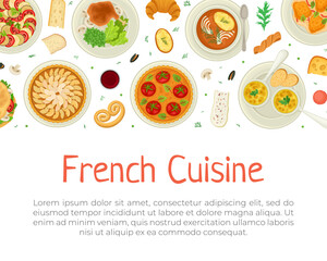 French Cuisine Banner Design with Tasty Dish Top View Vector Template