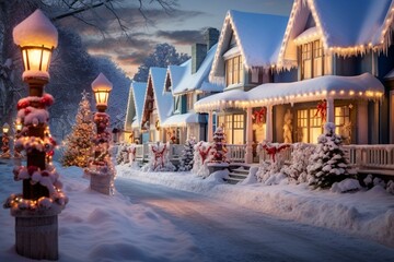 A charming snow-covered street with houses aglow in Christmas lights; a nostalgic vintage night scene. Generative AI
