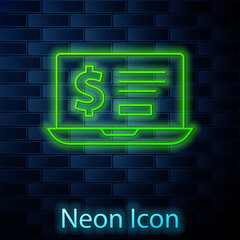 Glowing neon line Laptop with dollar icon isolated on brick wall background. Sending money around the world, money transfer, online banking, financial transaction. Vector