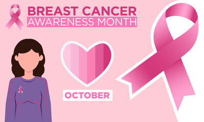 Banner horizontal del Día Internacional de lucha contra el Cáncer de mama, con listón, corazón rosa y ilustración de mujer