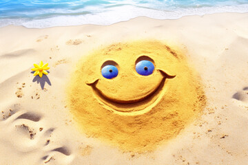 Obraz premium Smiley face on the sand with starfishes and sea background