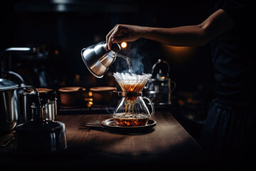 Professional barista preparing coffee using chemex pour over coffee maker and drip kettle in dark background. Young man making coffee. Alternative ways of brewing coffee. Coffee shop concept