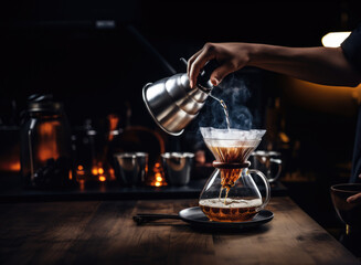 Professional barista preparing coffee using chemex pour over coffee maker and drip kettle in dark background. Young man making coffee. Alternative ways of brewing coffee. Coffee shop concept