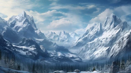 Fotobehang snow covered mountains landscape realistic. © Yahor Shylau 