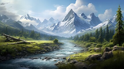Fototapeta na wymiar mountains and river atmospheric daytime landscape realistic.