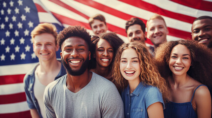 Group of happy young people standing together on american flag background
