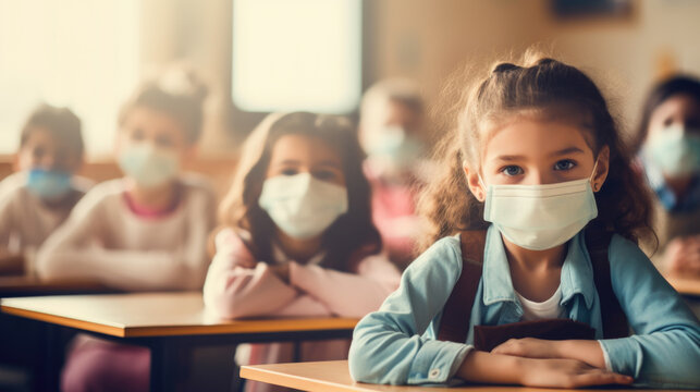 Little Children in Classroom with Face Masks During COVID-19 Pandemic - Generative ai
