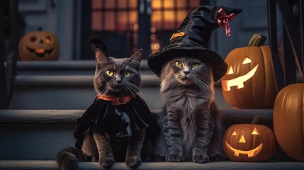 Cute cats dressed up with Halloween costumes on the stairs looking at the camera, Halloween, trick or treats, Jack-o'-lantern, glowing pumpkins