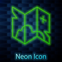 Glowing neon line Pirate treasure map icon isolated on brick wall background. Vector