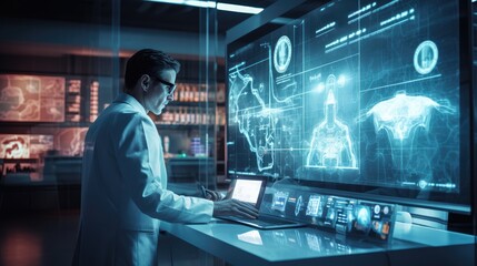 Obraz premium Doctor analyzing digital patient data using AI. Generative AI