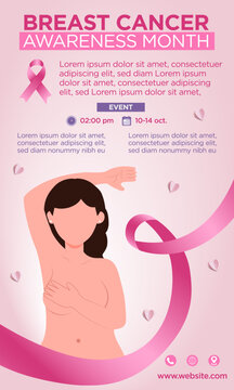 Cartel del D&iacute;a Internacional de lucha contra el C&aacute;ncer de mama, con list&oacute;n rosa e ilustraci&oacute;n de mujer auto explor&aacute;ndose los pechos