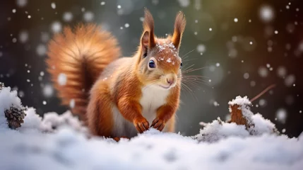 Foto op Plexiglas Closeup of a cute squirrel in the snow. Winter wild life. © britaseifert