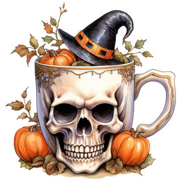halloween skull mug with pumpkins and hat clip art preview