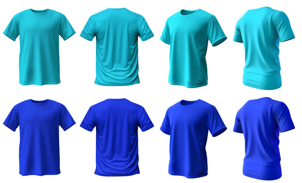 2 Set of dark and light blue aqua tee t shirt round neck front, back and side view on transparent background cutout, PNG file. Mockup template for artwork graphic design. 