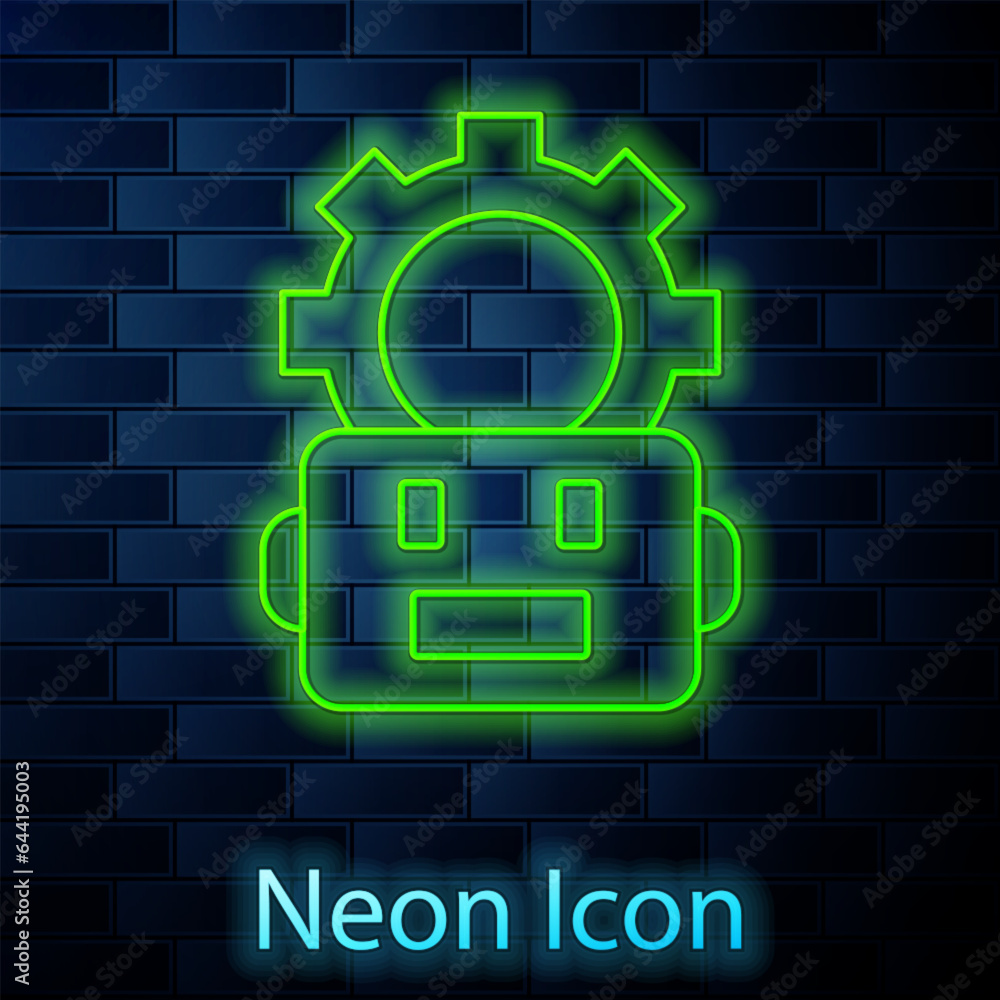 Poster glowing neon line robot setting icon isolated on brick wall background. artificial intelligence, mac