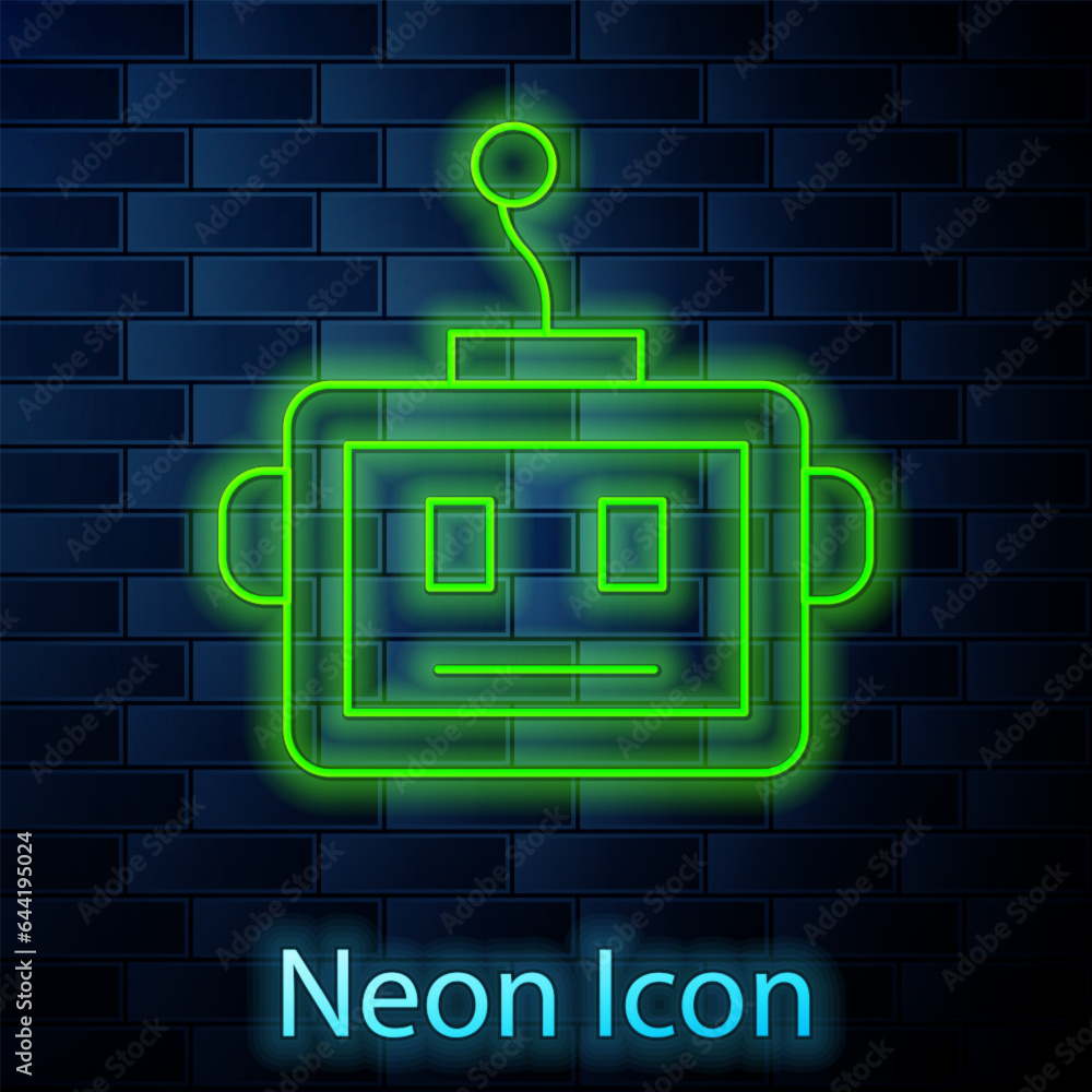 Poster glowing neon line artificial intelligence robot icon isolated on brick wall background. machine lear
