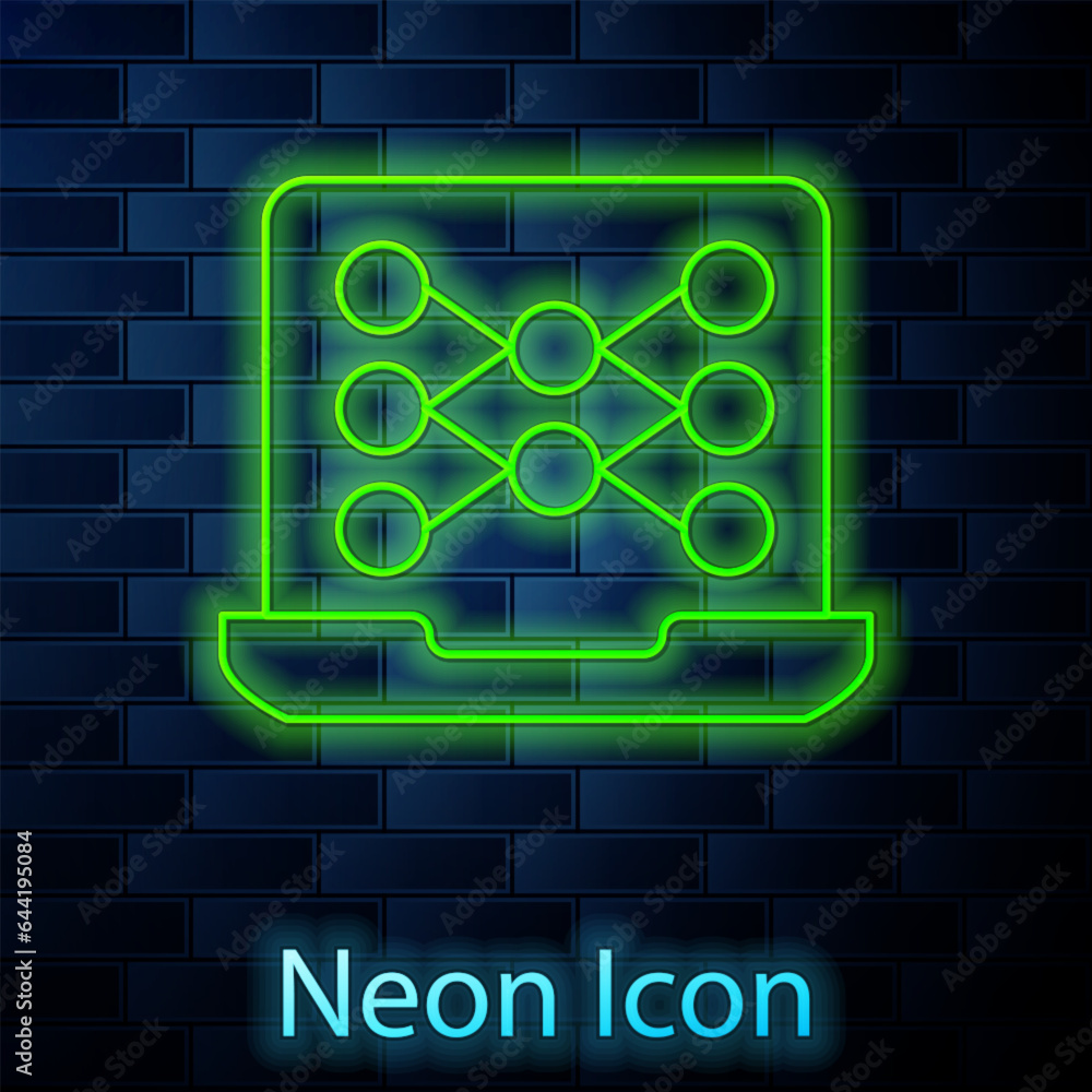 Poster glowing neon line neural network icon isolated on brick wall background. artificial intelligence ai.