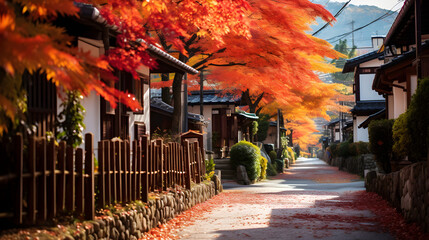 Autumn falls in the city, a charming sunny old town autumn village nestled in the mountains