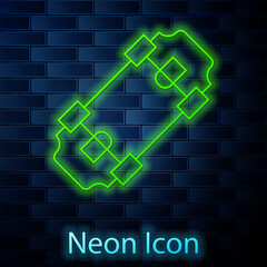 Glowing neon line Skateboard icon isolated on brick wall background. Extreme sport. Sport equipment. Vector