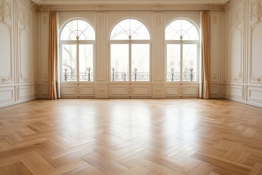 Room with beautiful oak parquet flooring. Generative AI