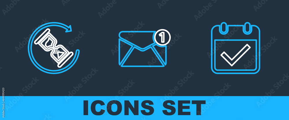 Poster set line calendar with check mark, waiting and new, email incoming message icon. vector