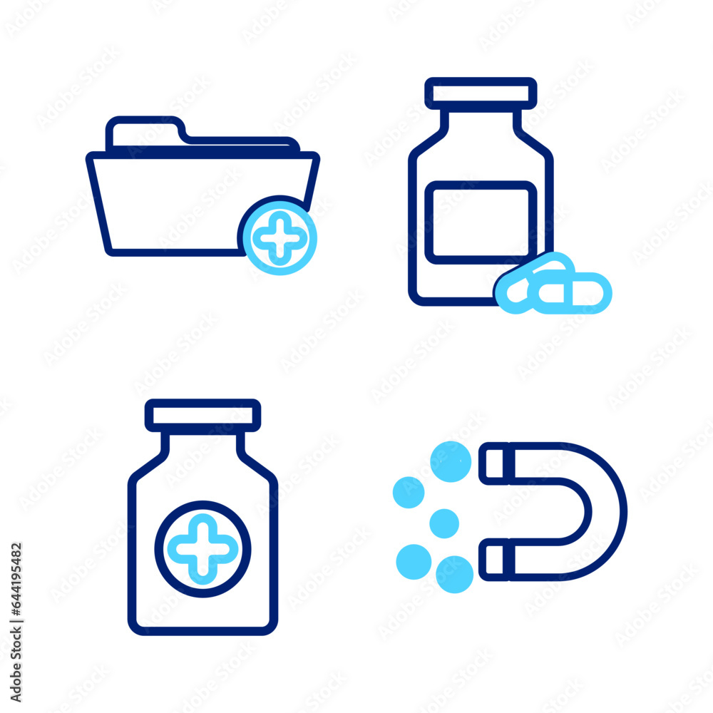 Wall mural Set line Magnet with money, Medicine bottle, and pills and Health record folder icon. Vector