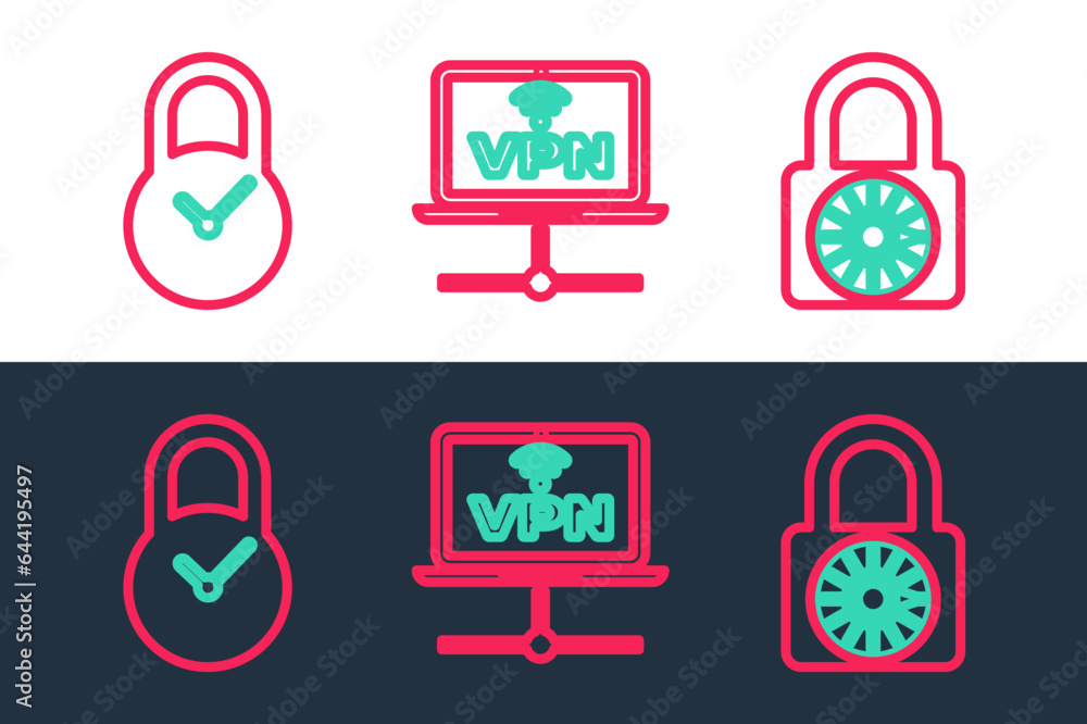 Poster set line safe combination lock wheel, padlock with clock and vpn computer network icon. vector