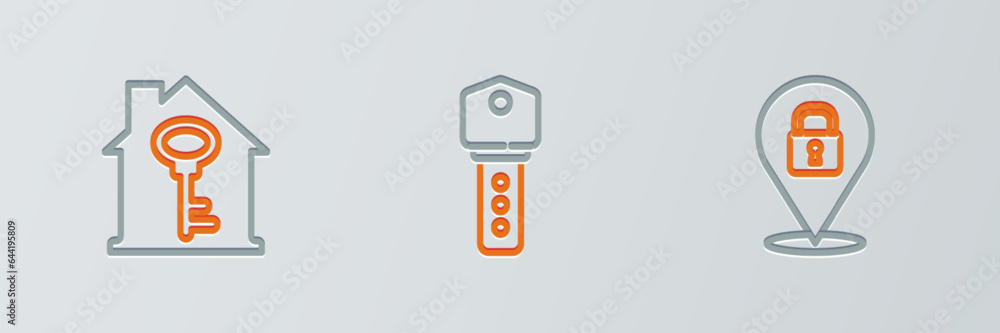 Poster set line location lock, house with key and icon. vector