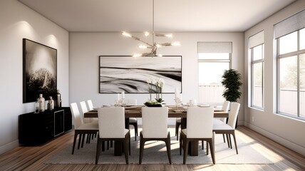 Naklejka na ściany i meble Interior design inspiration of Modern Minimal style home dining room loveliness decorated with Wood and Glass material and Chandelier .Generative AI home interior design .