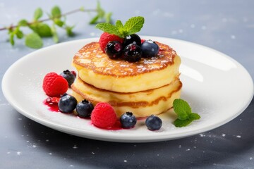 classic american pancakes with berries and maple syrup for breakfast