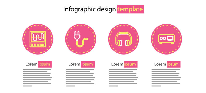 Set line Headphones, Guitar amplifier, Electric plug and Oscilloscope icon. Vector