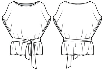 Women's batwing sleeve Crew neck T Shirt blouse top flat sketch fashion illustration drawing template mock up with front and back view