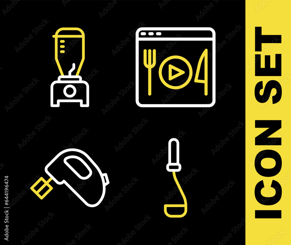 Canvas Prints Set line Cooking live streaming, Kitchen ladle, Electric mixer and Blender icon. Vector