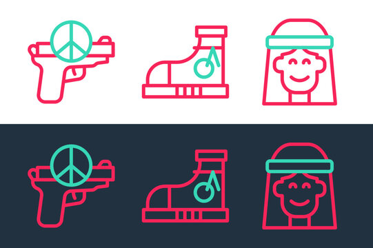 Set line Hippie girl, No war and Sneakers icon. Vector