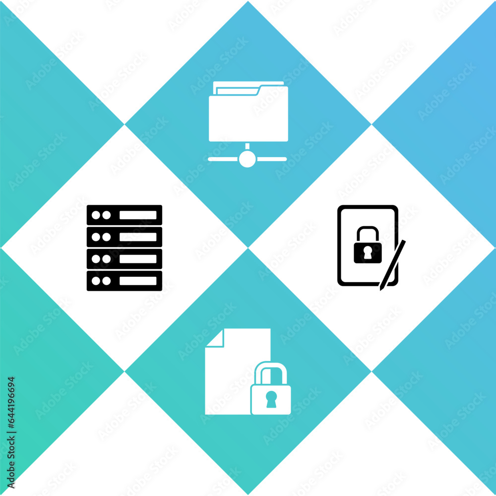 Poster set server, data, web hosting, document and lock, ftp folder and tablet with closed padlock icon. ve