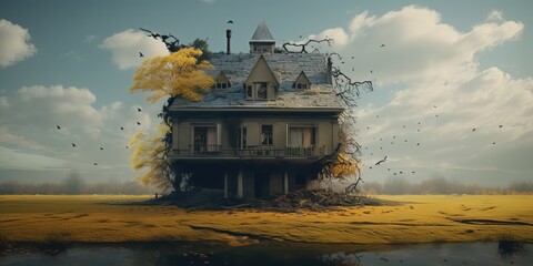 dilapidated foreclosed house falling apart in an empty field - obrazy, fototapety, plakaty