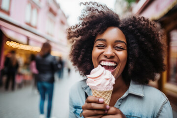 Smiling young woman with ice cream having fun in amusement park Prater in Vienna - obrazy, fototapety, plakaty