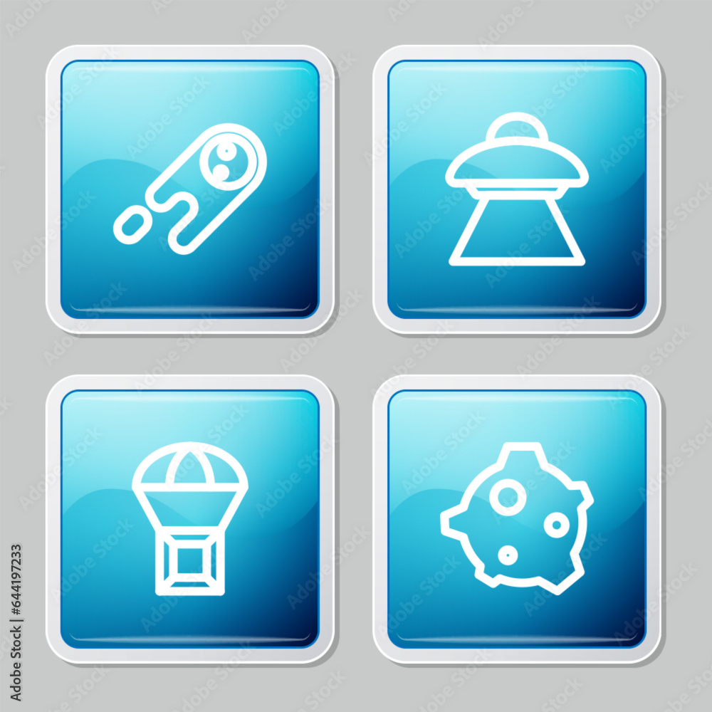 Aufkleber set line comet falling down fast, ufo flying spaceship, box on parachute and asteroid icon. vector