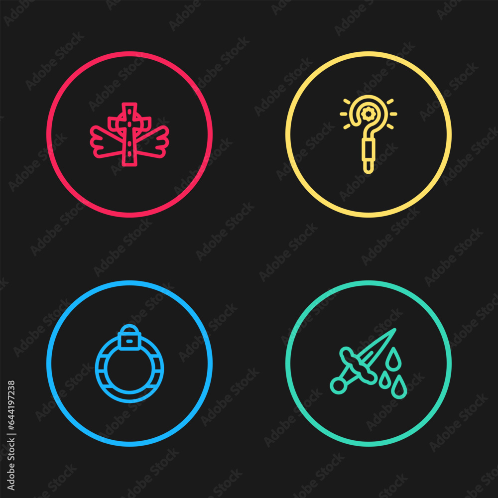 Poster Set line Magic stone ring, Sword with blood, wand and Christian cross icon. Vector