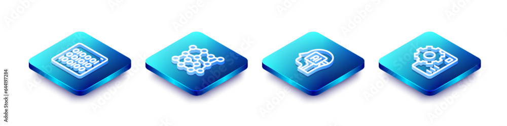 Poster set isometric line binary code, neural network, humanoid robot and icon. vector
