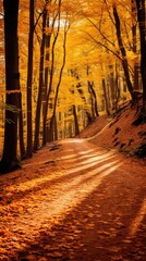 Autumn forest scenery with road of fall leaves & warm light illumining the gold foliage, october day in colorful forest, maple autumn trees road fall way, generative ai