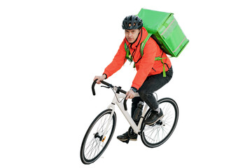Cyclist courier a man in a helmet rides a bicycle to work. Stylish convenient eco transport in the...