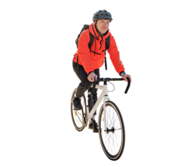 Stylish convenient eco transport in the city. A happy confident person rides a bike. A male cyclist in a helmet rides a bicycle to work.