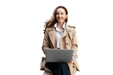 Uses the AI app in the device. Communicates with artificial intelligence, asks questions and gets answers. A female designer and laptop surfing the internet.