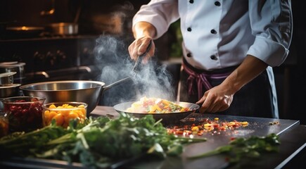 chef preparing food, close-up of chef cooking meat in the kitchen, chef cooking delicious foods in the kitchen, man in the kitchen, cooking man close-up